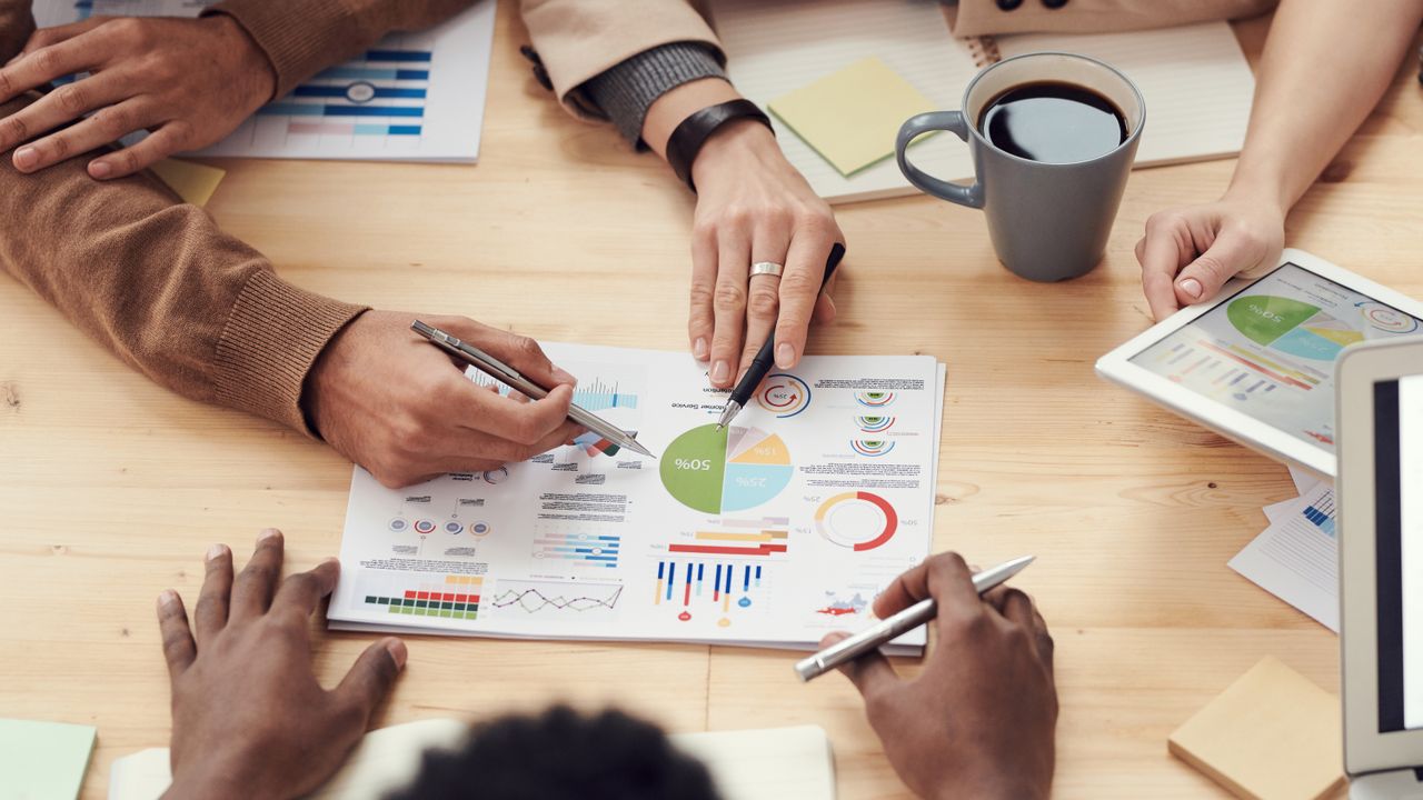 Consultants reviewing data and reports together
